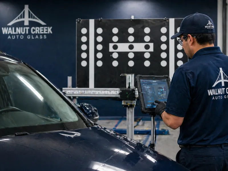 Auto Glass of Bellevue technician performing ADAS calibration with diagnostic tablet
